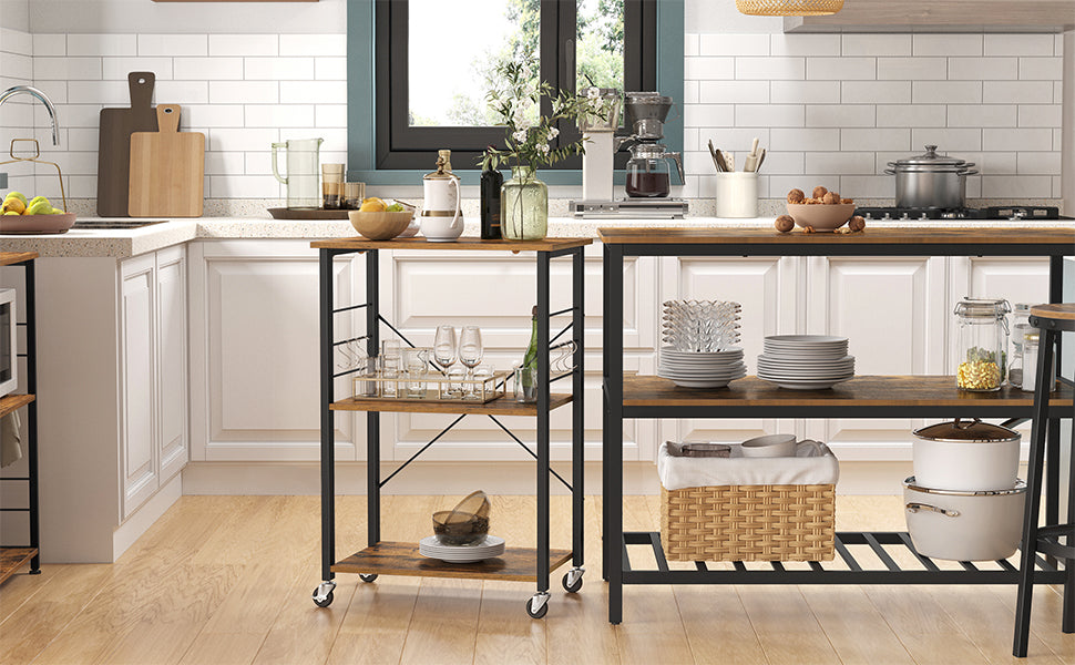 Küchenregal auf Rollen, Servierwagen mit 3 Ebenen, Druckerständer, Druckertisch, mit 6 Haken, Industrie-Design, Metall, für Homeoffiche, Küche