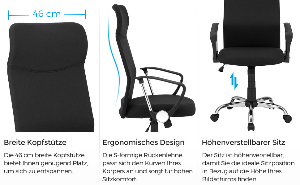 Bürostuhl, ergonomischer Schreibtischstuhl, Drehstuhl, gepolsterter Sitz, Stoffbezug, höhenverstellbar und neigbar, bis 120 kg belastbar, schwarz