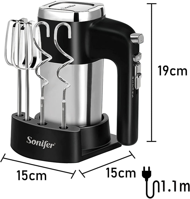 Handmixer Edelstahl 500W Elektrischer Mixer Handrührer , 5 Stufen plus Turbostufe, Auswurftastendesign, spülmaschinengeeignet, Knethaken, Schneebesen