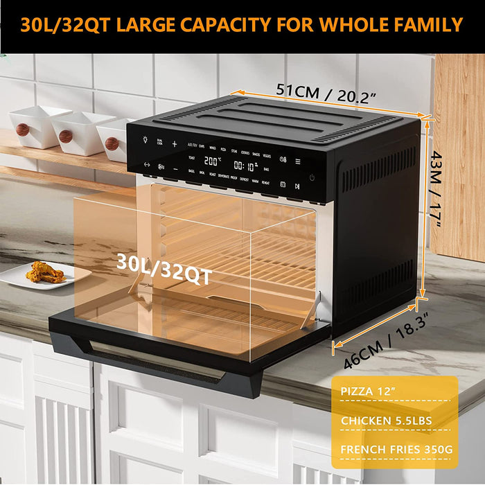 30L Heißluftfritteuse Mini Backofen, 18 In 1 1800 W Heissluft Fritteusen Air Fryer, Fettarmes Garen ohne Öl, Timer & Temperaturregelung, Dual-Cooking