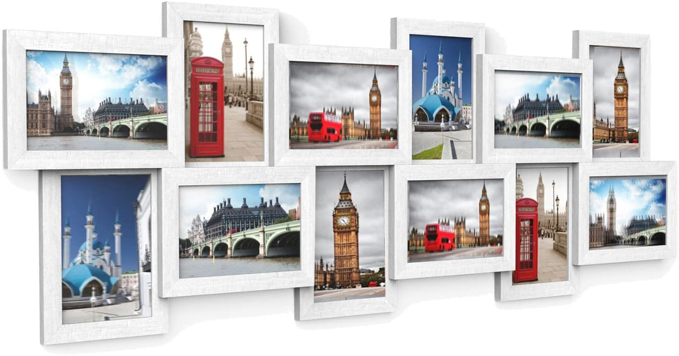 Bilderrahmen Collage für 12 Fotos je 10 x 15 cm Fotorahmen aus MDF-Platten, Montage erforderlich, Weihnachten, weiß, mit Holzmaserung
