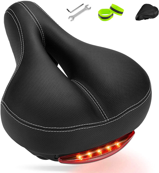 Fahrradsattel, IPSXP Weicher Fahrrad Sattel mit Rücklicht, Breit Leder MTB Sattel mit Stoßfestem Feder- und Stanzschaumsystem, Wasserdicht Fahrradsitz