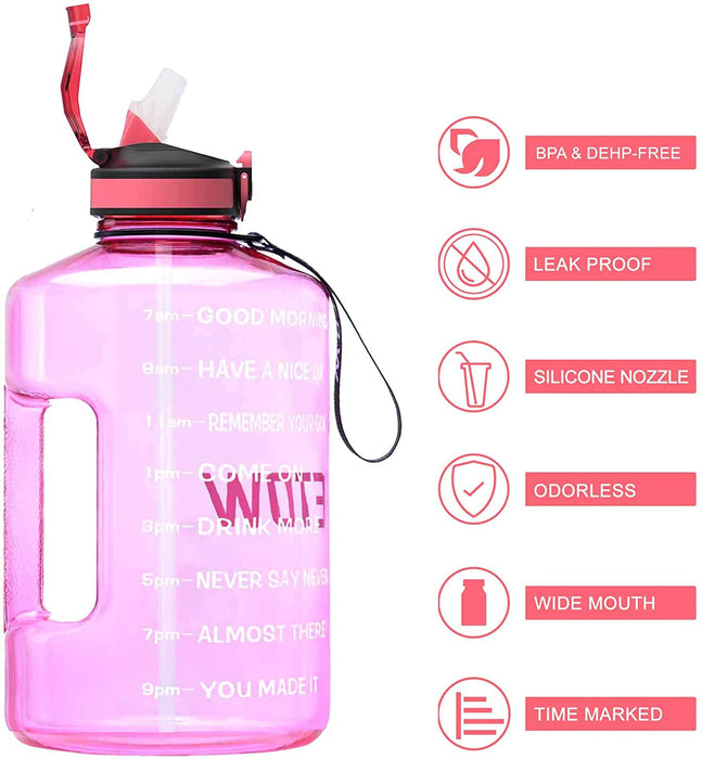3,78 Liter Trinkflasche Sport mit Zeitangaben und Strohhalme, 3,78L Groß Sportflasche BPA Frei, Auto Wasserbehälter Auslaufsicher Sportflasche (Pink 3,78L)