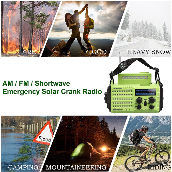 AM/FM/SW Baustellenradio Kurbelradio, Tragbares 5-Wege Wetter Solar Radio, Dynamo Handkurbel, Power Bank, LED Camping Licht, SOS-Alarm, Kompass (Grün)