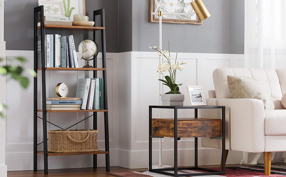 Standregal, Bücherregal, 4 Ebenen Leiterregal, stabiles Metallgestell, einfache Montage, für Wohnzimmer, Schlafzimmer, Küche, Vintagebraun-schwarz