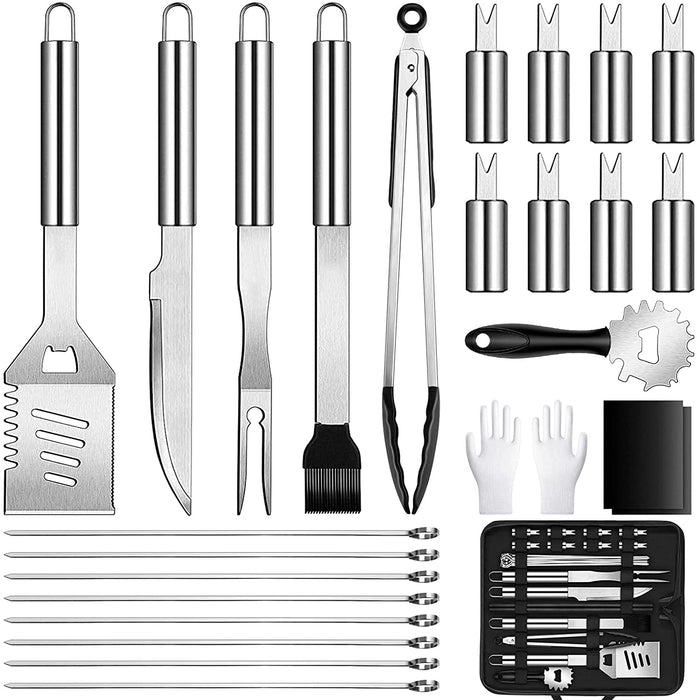 BBQ Grillbesteck Tool Set, 26-teiliges Hochleistungs Edelstahl Grillwerkzeug, Grill Kit mit Matte zum Grillen für Outdoor Picknick Familien Garten