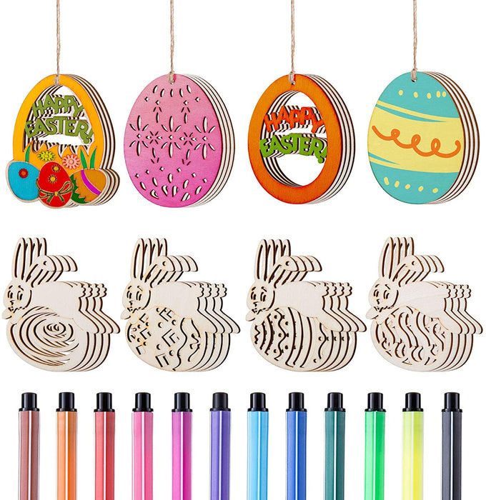 44 TLG Holzanhänger Ostern Deko mit Schnur DIY Basteln zum Bemalen Holz Anhänger für Kinder Ostereier Osterhase(MEHRWEG)