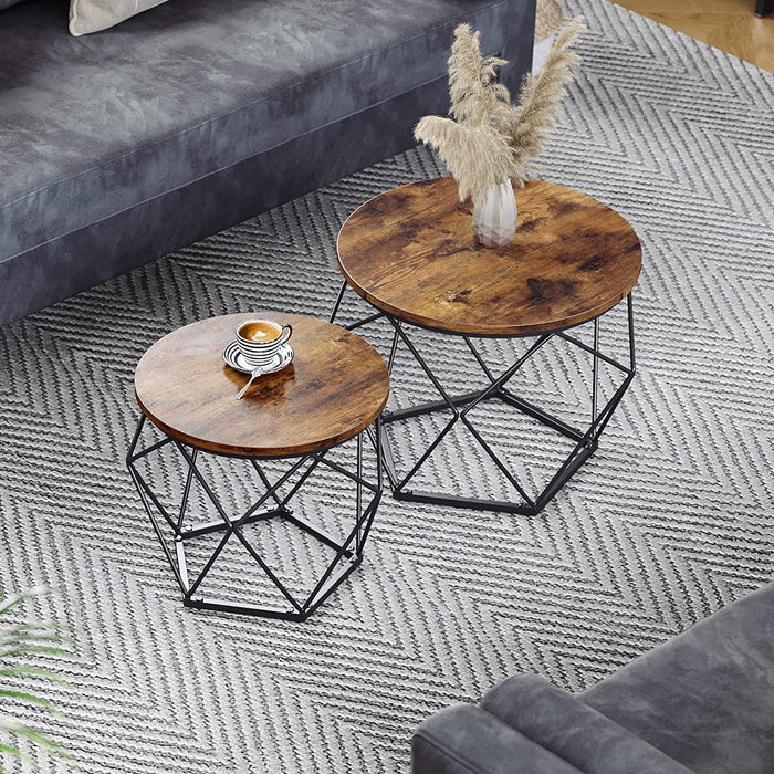 Beistelltische, 2er Set, geometrische Couchtische mit Korbfunktion, dekorativ, robust, Stahlrahmen, für Wohnzimmer, Schlafzimmer, vintagebraun-schwarz