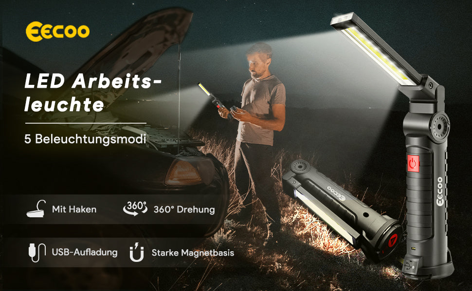 LED Arbeitsleuchte COB LED Werkstattlampe Inspektionsleuchten mit Haken und Magnethalter, LED Campinglampe für Auto Reparatur Werkstatt Garage Camping