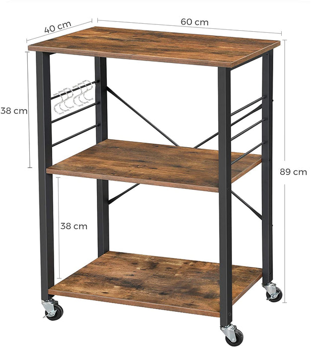 Küchenregal auf Rollen, Servierwagen mit 3 Ebenen, Druckerständer, Druckertisch, mit 6 Haken, Industrie-Design, Metall, für Homeoffiche, Küche