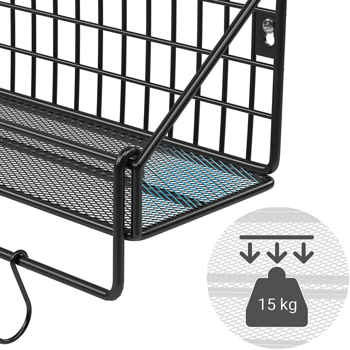 Wandregale im Industrie-Design, aus Metall, pro Regal bis 15 kg belastbar, 2er Set, Küchenregale, mit 10 Haken, für Schlafzimmer und Wohnzimmer, schwarz