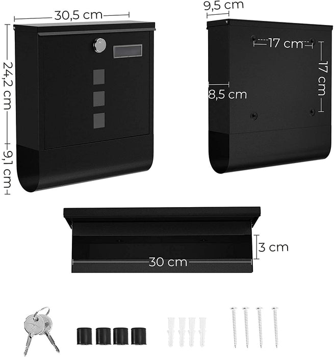 Briefkasten, Wandbriefkasten, Schloss mit Kupfer-Schließzylinder und drehbarer Abdeckung, Zeitungsfach, Sichtfenster, Namensschild-Halter