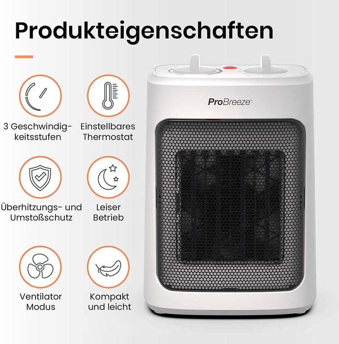 2000W Mini Keramik Heizlüfter mit Kaltstufen und drei Leistungsstufen - für Betrieb im Büro, Wohnzimmer, Schlafzimmer oder Terasse - Weiß