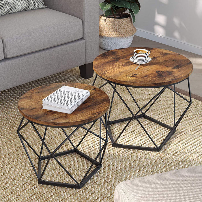 Beistelltische, 2er Set, geometrische Couchtische mit Korbfunktion, dekorativ, robust, Stahlrahmen, für Wohnzimmer, Schlafzimmer, vintagebraun-schwarz