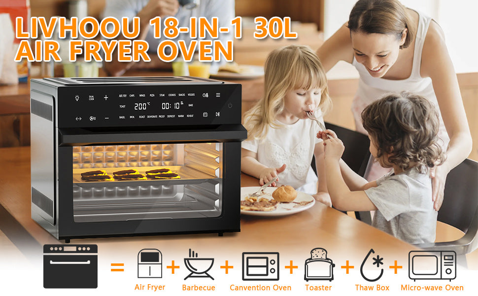 30L Heißluftfritteuse Mini Backofen, 18 In 1 1800 W Heissluft Fritteusen Air Fryer, Fettarmes Garen ohne Öl, Timer & Temperaturregelung, Dual-Cooking
