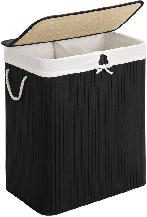 Wäschekorb aus Bambus, Wäschesammler mit 2 Fächern, Wäschesortierer mit Deckel und herausnehmbarem Wäschesack, Tragegriffe aus Baumwolle, 100 L