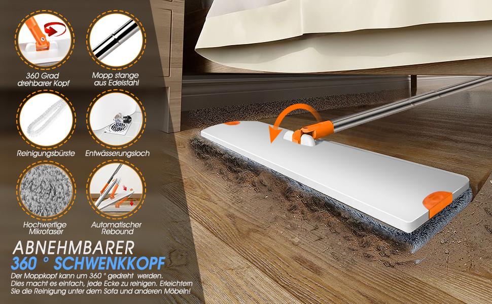Bodenwischer mit Eimer Set, Flacher Wischmopp und 6 Mikrofaser Pads, Flachmopp für Bodenreinigung - Hergeben 1 Reinigungsbürste