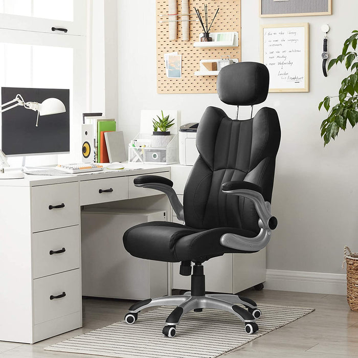 Bürostuhl, ergonomischer Drehstuhl, mit klappbaren Armlehnen, Nylon-Sternfuß, Tragfähigkeit 150 kg, schwarz