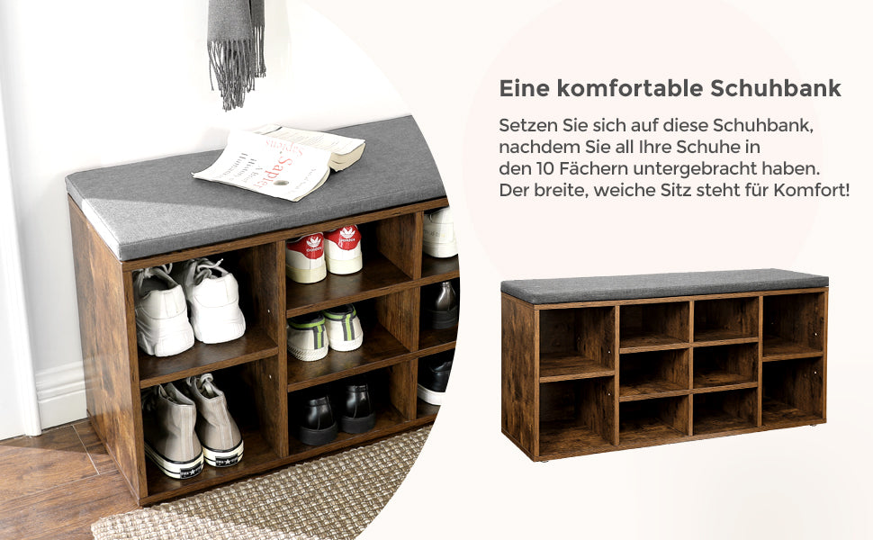 Schuhbank, Schuhregal, Schuhaufbewahrung, Sitzbank mit Polsterung, für den Eingangsbereich, Flur, Schlafzimmer, 104 x 30 x 48 cm, vintagebraun
