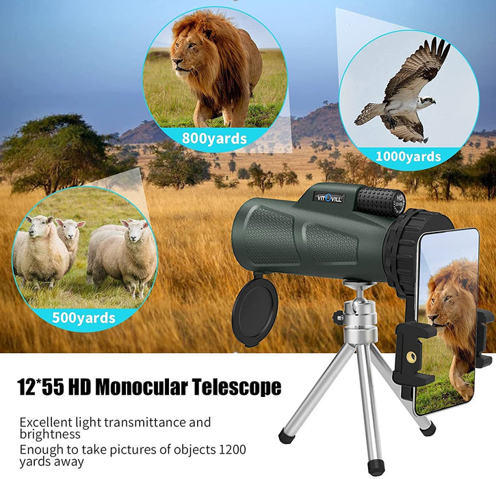 Monokular Teleskop, Vitovill 12x55 HD Starscope Monokulare Fernrohr Wasserdicht mit Smartphone Halter & Stativ, BAK4-Prisma und FMC, Teleskop