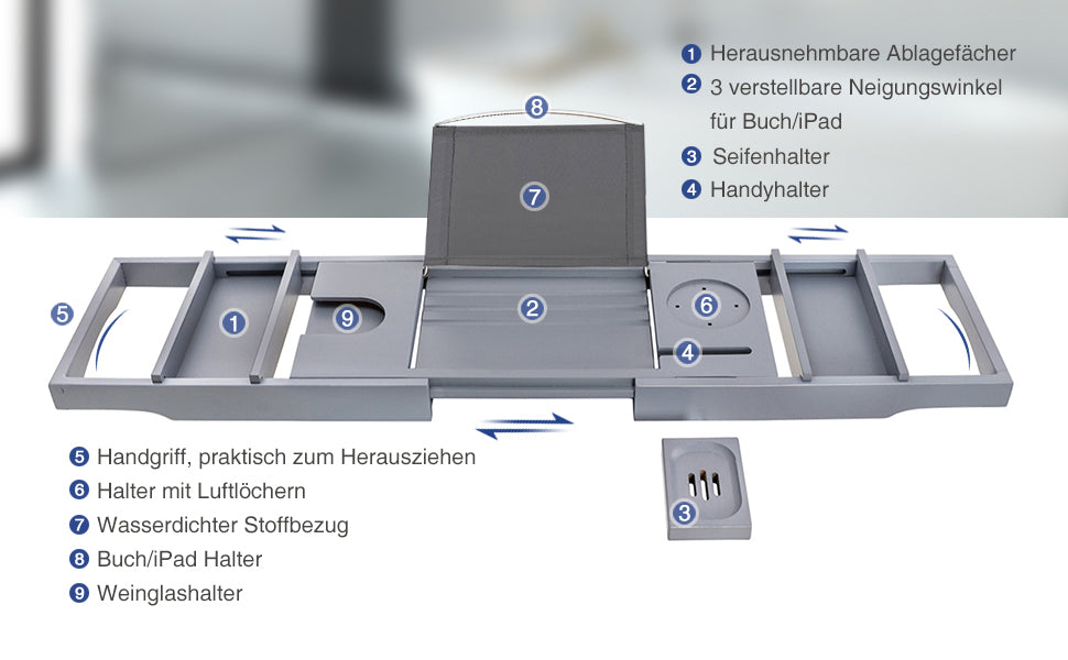 ausziehbare Badewannenablage aus Bambus, Badewannenbrett, Badewannen Ablagen mit Getränkehalter, Buchstütze, Seifenhalter