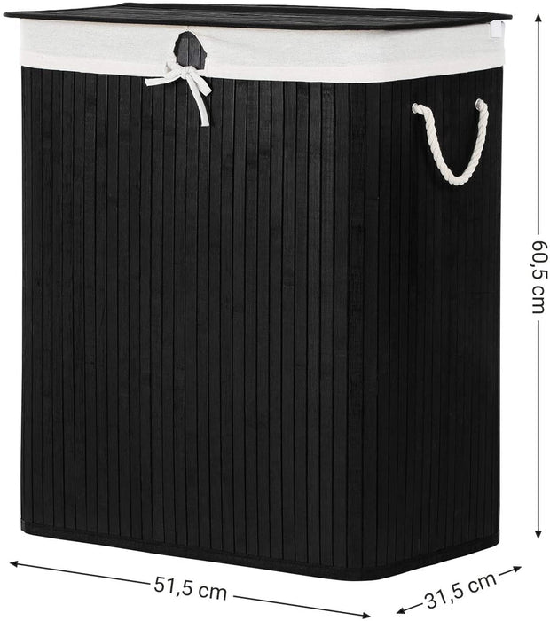 Wäschekorb aus Bambus, Wäschesammler mit 2 Fächern, Wäschesortierer mit Deckel und herausnehmbarem Wäschesack, Tragegriffe aus Baumwolle, 100 L