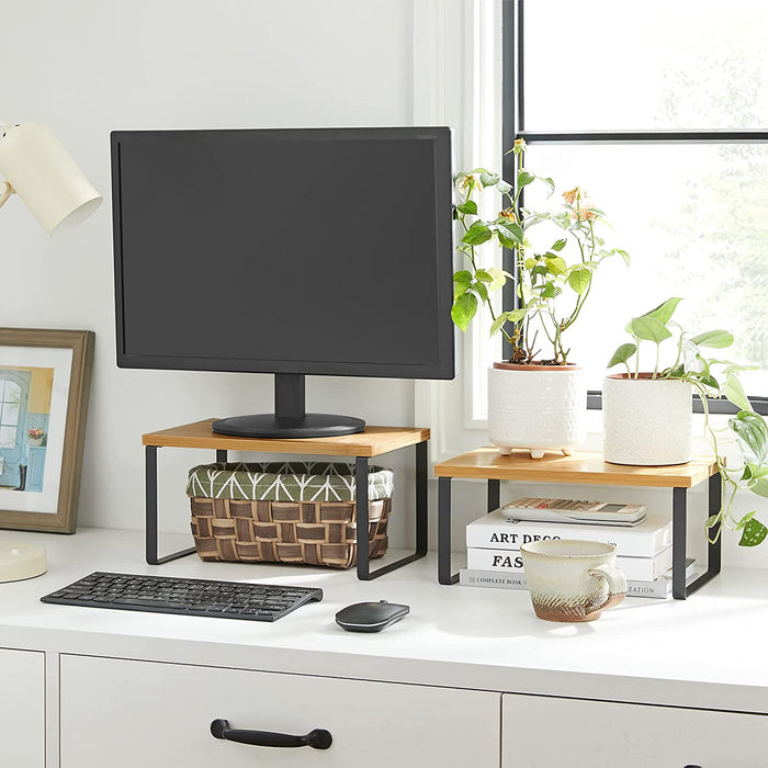 Gewürzregal, 2er Set, Küchenregal, Küchen-Organizer, erweiterbar, Gewürzhalter, stapelbar, aus Metall und Bambus, schwarz-naturfarben