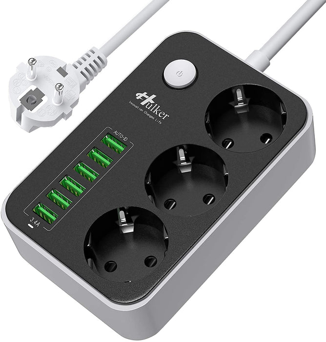 Mehrfachsteckdose HULKER Steckdosenadapter 3 fach/Steckdosen 6 USB -Anschlüsse, Steckdosenleiste mit überspannungsschutz, 1.6 m Verlängerungskabel EU