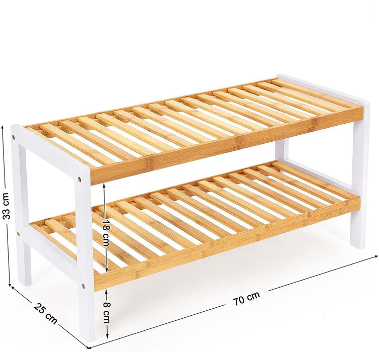 Schuhregal aus Bambus, Schuhablage mit 2 Ebenen, Schuh-Organizer, Regal für Schuhe, Pflanzen, Bücher, Wohnzimmer, Flur, Schlafzimmer, weiß-naturfarben