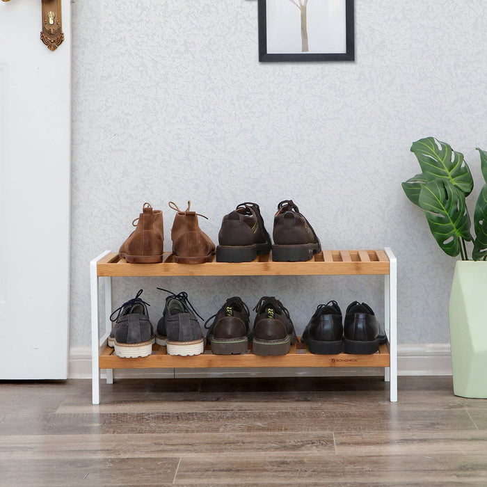 Schuhregal aus Bambus, Schuhablage mit 2 Ebenen, Schuh-Organizer, Regal für Schuhe, Pflanzen, Bücher, Wohnzimmer, Flur, Schlafzimmer, weiß-naturfarben