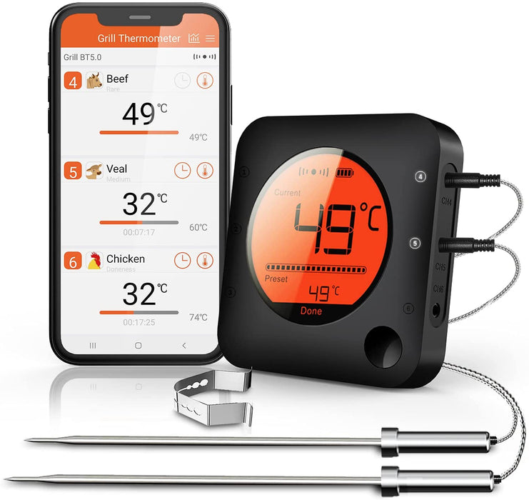 Bluetooth Grillthermometer, Digital Funk BBQ Thermometer mit 2 Sonden Fleischthermometer Bratenthermometer für Küche, Ofen, Fleisch und Flüssigkeit