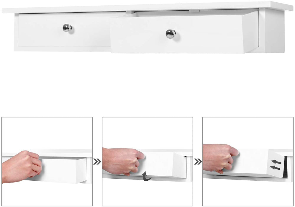 Wandregal, Schweberegal mit 2 Schubladen, Hochglanzoberfläche, bis 15 kg belastbar, 65 x 15 x 10 cm, Flur, Wohnzimmer und Küche, weiß