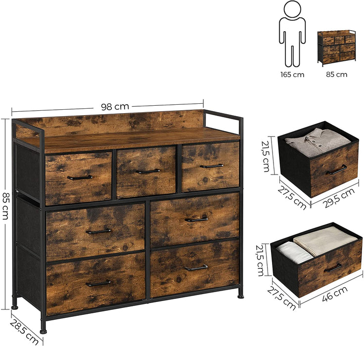 Kommode, Schrank, 7 Stoffschubladen mit Griffen, Metallgestell, Industrie-Design, vintagebraun-schwarz