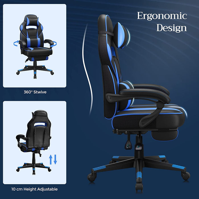 Gamingstuhl, Schreibtischstuhl mit Fußstütze, Bürostuhl mit Kopfstütze und Lendenkissen, höhenverstellbar, ergonomisch, 90-135° Neigungswinkel
