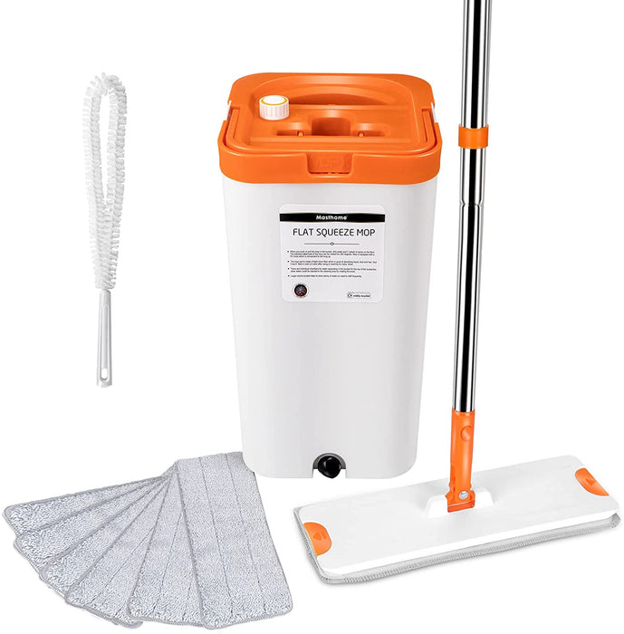 Bodenwischer mit Eimer Set, Flacher Wischmopp und 6 Mikrofaser Pads, Flachmopp für Bodenreinigung - Hergeben 1 Reinigungsbürste