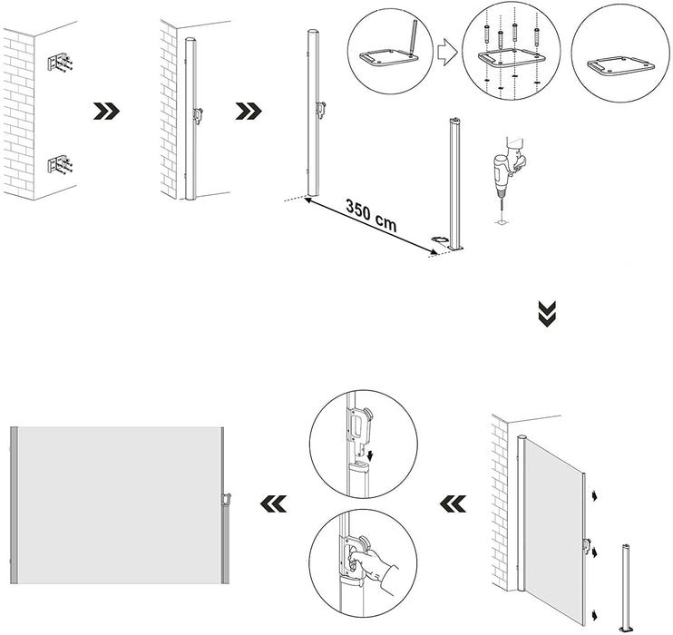 Seitenmarkise, ausziehbar, 160 x 350 cm, Sichtschutz, Sonnenschutz, Blickdicht, Seitenrollo, für Balkon, Terrasse, Garten, anthrazit
