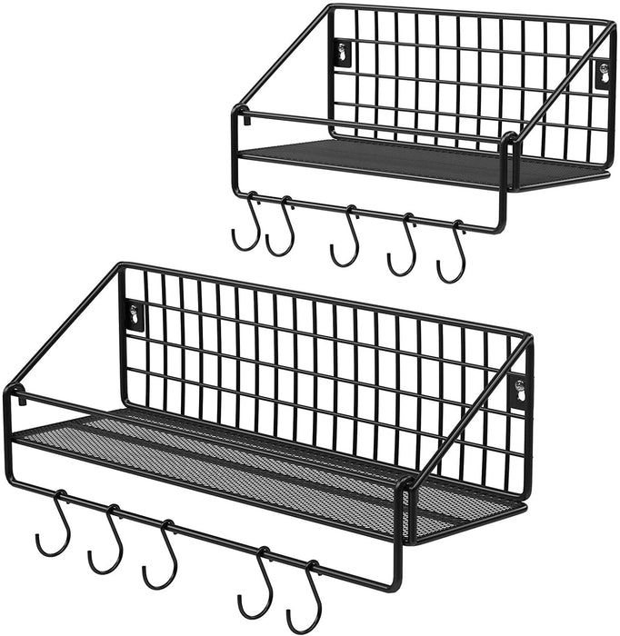 Wandregale im Industrie-Design, aus Metall, pro Regal bis 15 kg belastbar, 2er Set, Küchenregale, mit 10 Haken, für Schlafzimmer und Wohnzimmer, schwarz
