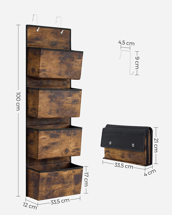 Hängender Organizer mit 4 Taschen, Hängeaufbewahrung für die Tür, für Schlafzimmer, Büro, Kinderzimmer, 33,5 x 12 x 100 cm, vintagebraun
