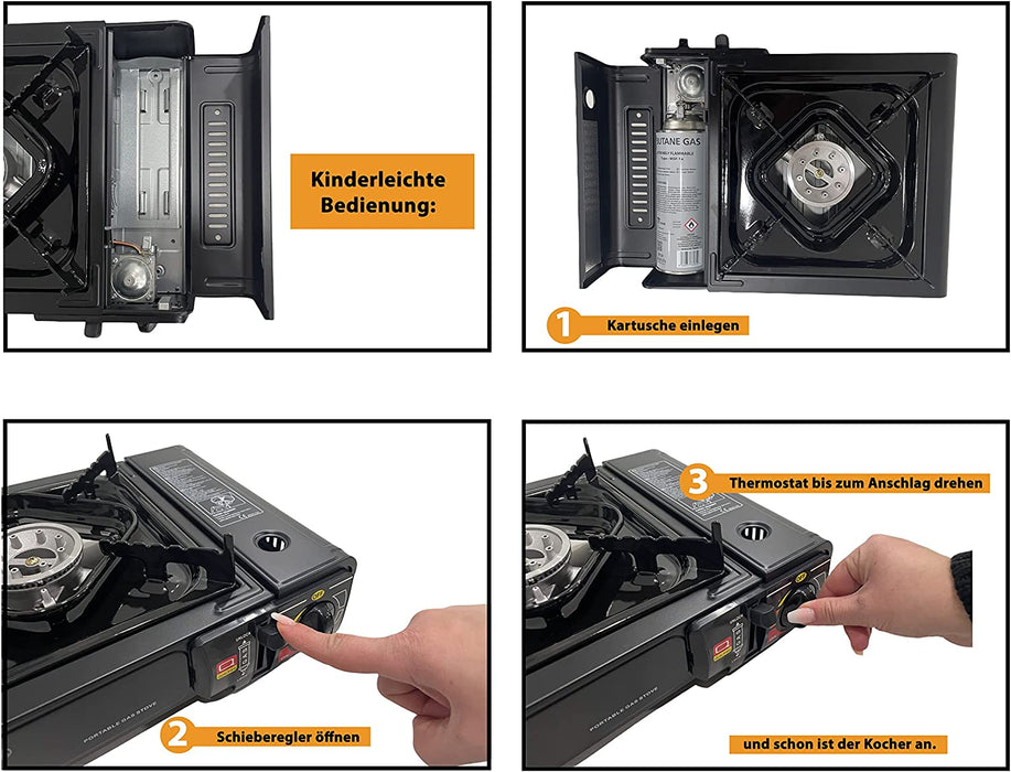 Camping GASKOCHER Set KOCHER IM TRAGEKOFFER Doppelzweck interne tragbare gaskartuschen oder externe Gasflasche Campingkocher