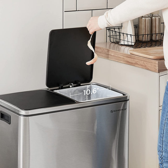 Mülleimer, 2 x 30 L, 2 Fächer, Mülltrennsystem, Treteimer, Abfalleimer Küche, 15 Müllsäcke, aus Metall, Inneneimer aus Kunststoff, Klappdeckel