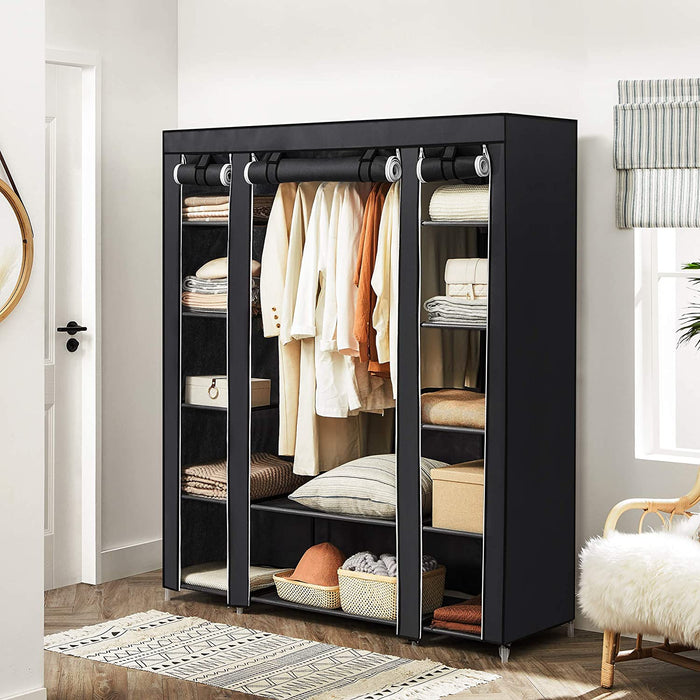 Kleiderschrank, Stoffschrank, mit Kleiderstange und Ablagen, Soffüberzug, für Schlafzimmer, Ankleidezimmer, 150 x 45 x 175 cm, schwarz