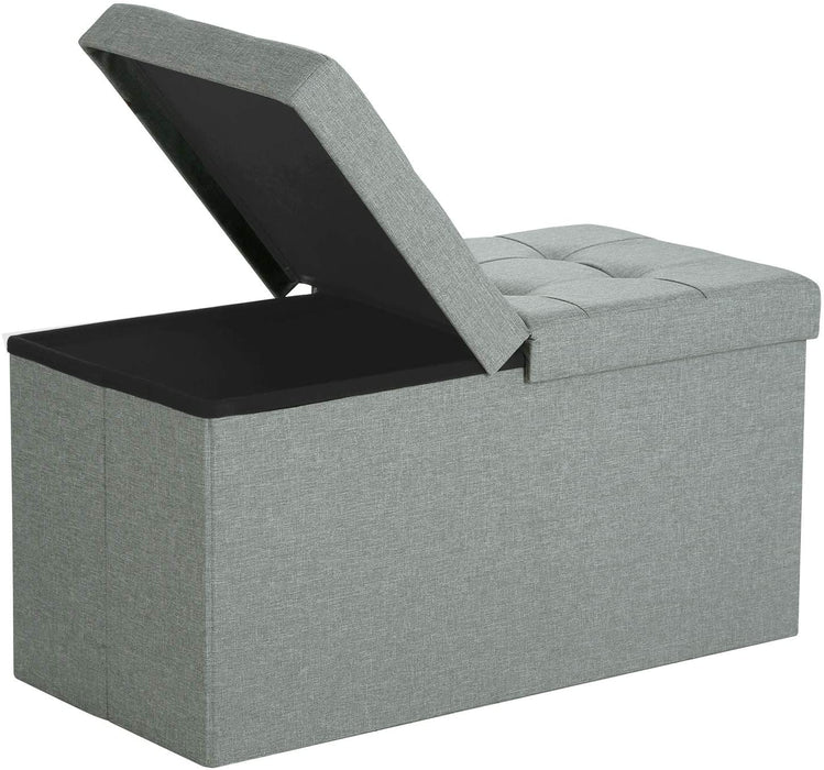 Sitzbank mit Stauraum, Sitztruhe mit Klappdeckel, Aufbewahrungsbox, faltbar, max. statische Belastbarkeit 300 kg, 80 L, 76 x 38 x 38 cm, Leinenimitat, hellgrau