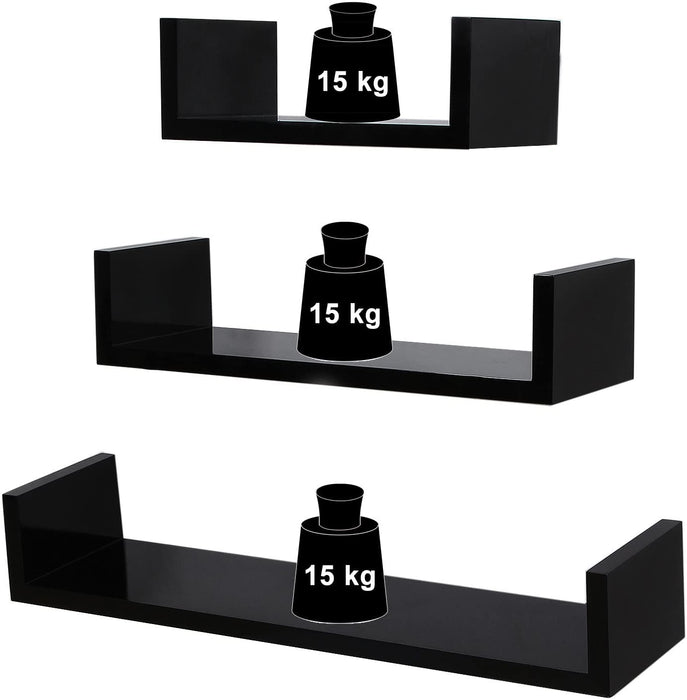 Wandregal, 3er Set, Schweberegal, 30/45/60 cm, Hochglanzoberfläche, dekorativ, kreativ, für Schlafzimmer, Wohnzimmer, Küche und Flur, schwarz