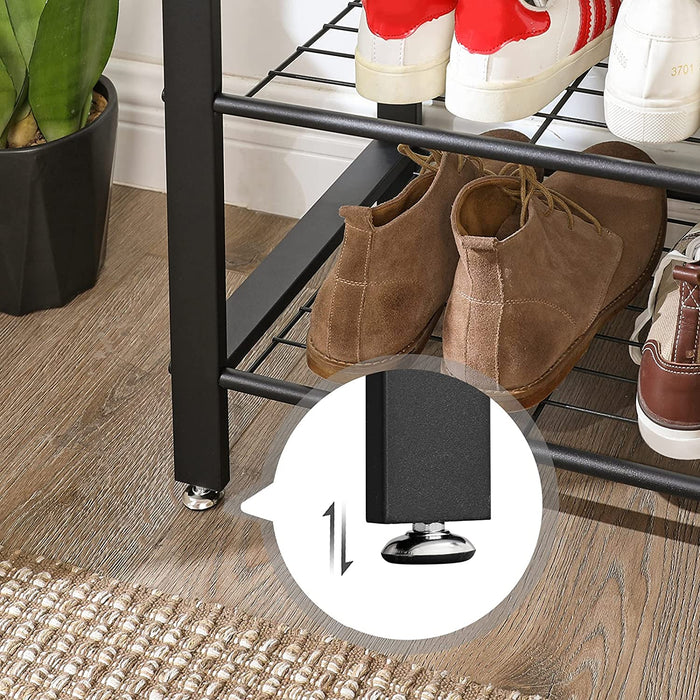 Garderobenständer, Garderobe, Schuhregal mit Sitzfläche, Kleiderständer mit 9 abnehmbaren Haken, Sitzbank, Industrie-Design, Greige-schwarz