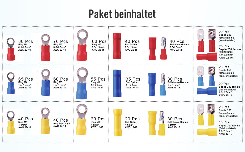 Crimpzange Kabelschuhe Set,27 Arten von Flachstecker AWG22-10(0,5-6 qmm) Kabelschuh Sortiment Kabelschuhzange mit 800 Stück Aderendhülsen Set