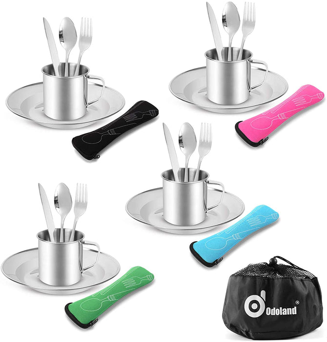Campingbesteck Set Outdoor Reisebesteck Edelstahl Klappbesteck mit Neoprenhülle Teller Tasse ideal für Outdoor Kochgeschirr Reisen Wandern Camping