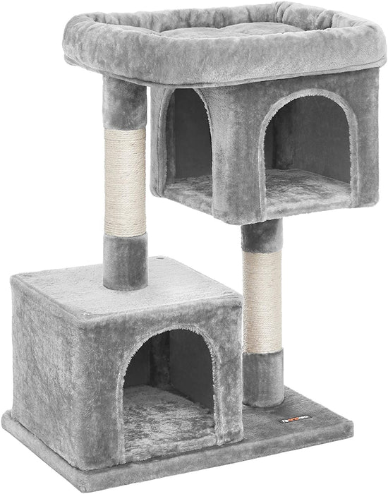 Kratzbaum mit Großer Plattform und 2 Plüschhöhlen Spielhaus, Kletterbaum für Katzen HellGrau