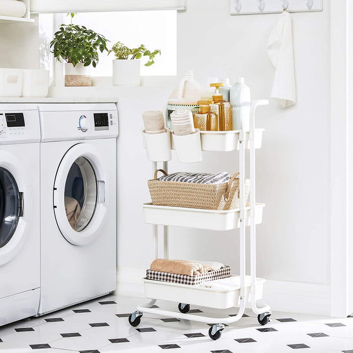 Rollwagen, 3 Ebenen, Servierwagen, Küchenwagen mit Griff, 2 kleine Einhängefächer, 2 Bremsen, Ablagefächer aus Kunststoff, einfacher Aufbau