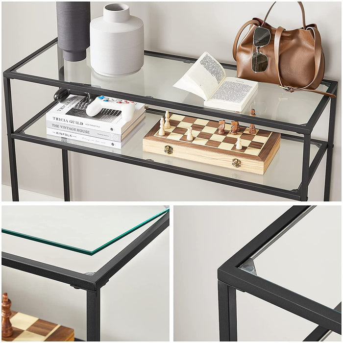 Konsolentisch, Beistelltisch mit 2 Ablagen, Hartglas, Aufbewahrungsregal, Metallgestell, verstellbare Füße, für Wohnzimmer, Flur, schwarz