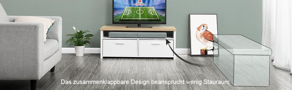 Sitzbank mit Stauraum, Sitztruhe mit Klappdeckel, Aufbewahrungsbox, faltbar, max. statische Belastbarkeit 300 kg, 80 L, 76 x 38 x 38 cm, Leinenimitat, hellgrau